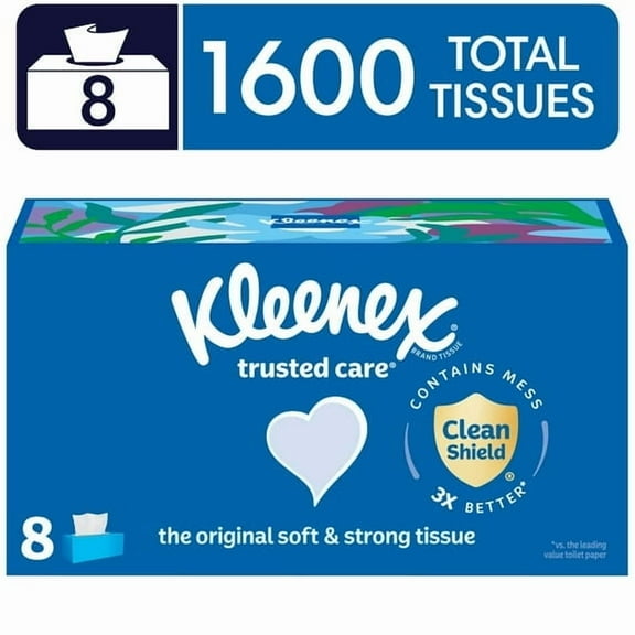 Kleenex Trusted Care Facial Tissues, 8 Flat Boxes, 200 Tissues per Box, 2-Ply