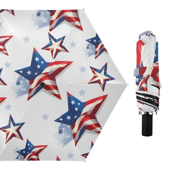 Stars with Flag Pattern All Weather Umbrella Triple Folding Parasol 6 Ribs UV Protection Portable