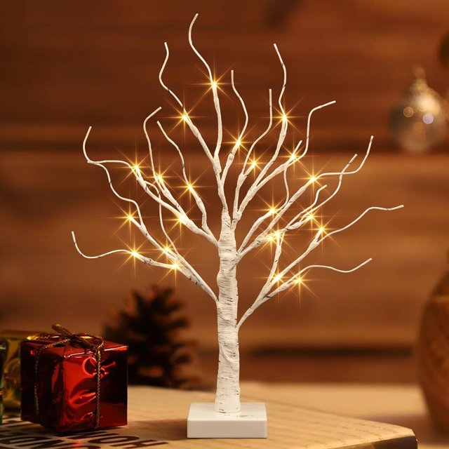 Vanthylit Árbol de Navidad de mesa, árbol de abedul blanco con luces LED, juego de 2, luces de árbol de color blanco cálido, temporizador con pilas, decoraciones de Navidad, árbol iluminado para decor