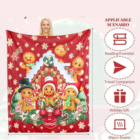 Breling Christmas Flannel Throw Blanket – Gingerbread Man and Candy Cane Holiday Blanket, Cozy and Soft Winter Throw, Cute Festive Gift for Family and Friends