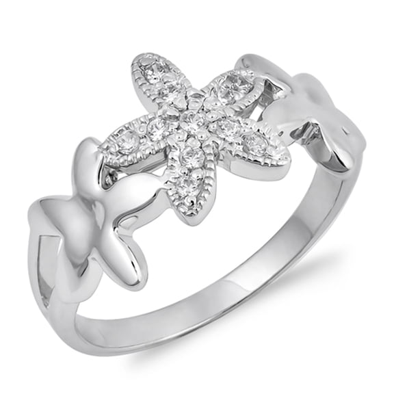 White Cubic Zirconia Starfish Plumeria Flower Ring .925 Sterling Silver Band Jewelry Female Size 5