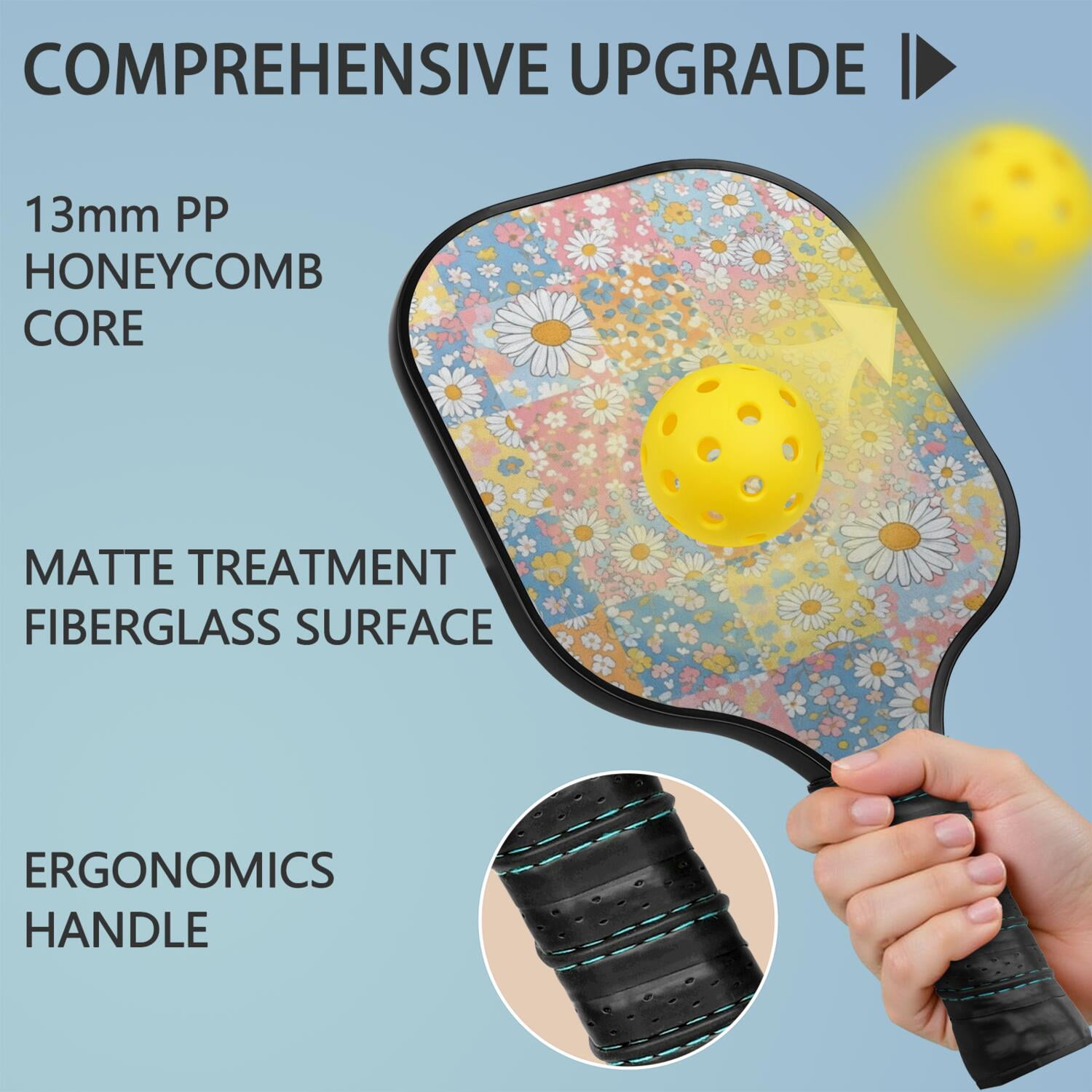 Pickleball Paddles Set,Pioneer Flower Floral Print Pattern Fiberglass Surface Pickleball Racket Set with 2 Indoor Outdoor Pickleball Balls and Pickleball Bag,Pickle-ball Equipment