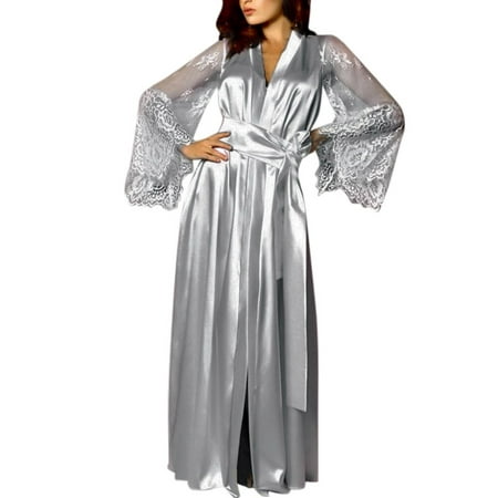 

Shiusina Lingerie For Women Women Satin Long Nightdress Silk Lace Lingerie Nightgown Sleepwear Sexy Robe Grey