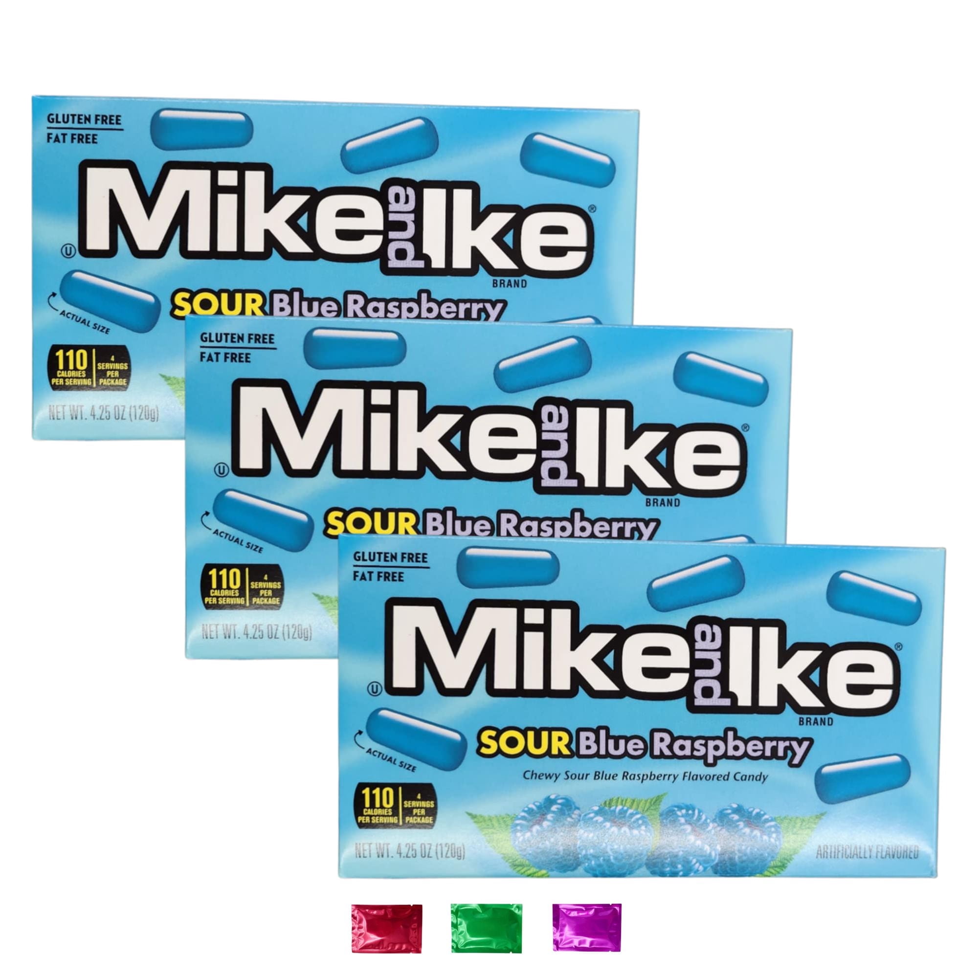 Mike and Ike Sour Blue Raspberry Candy 4.25 Oz Pack of 3 Chewy Sour Candy Party Favors Snacks Gift Basket Stuffers Fat-Free Gluten-Free Kosher Certified Treats w/ Snoep in Beperkte Oplage