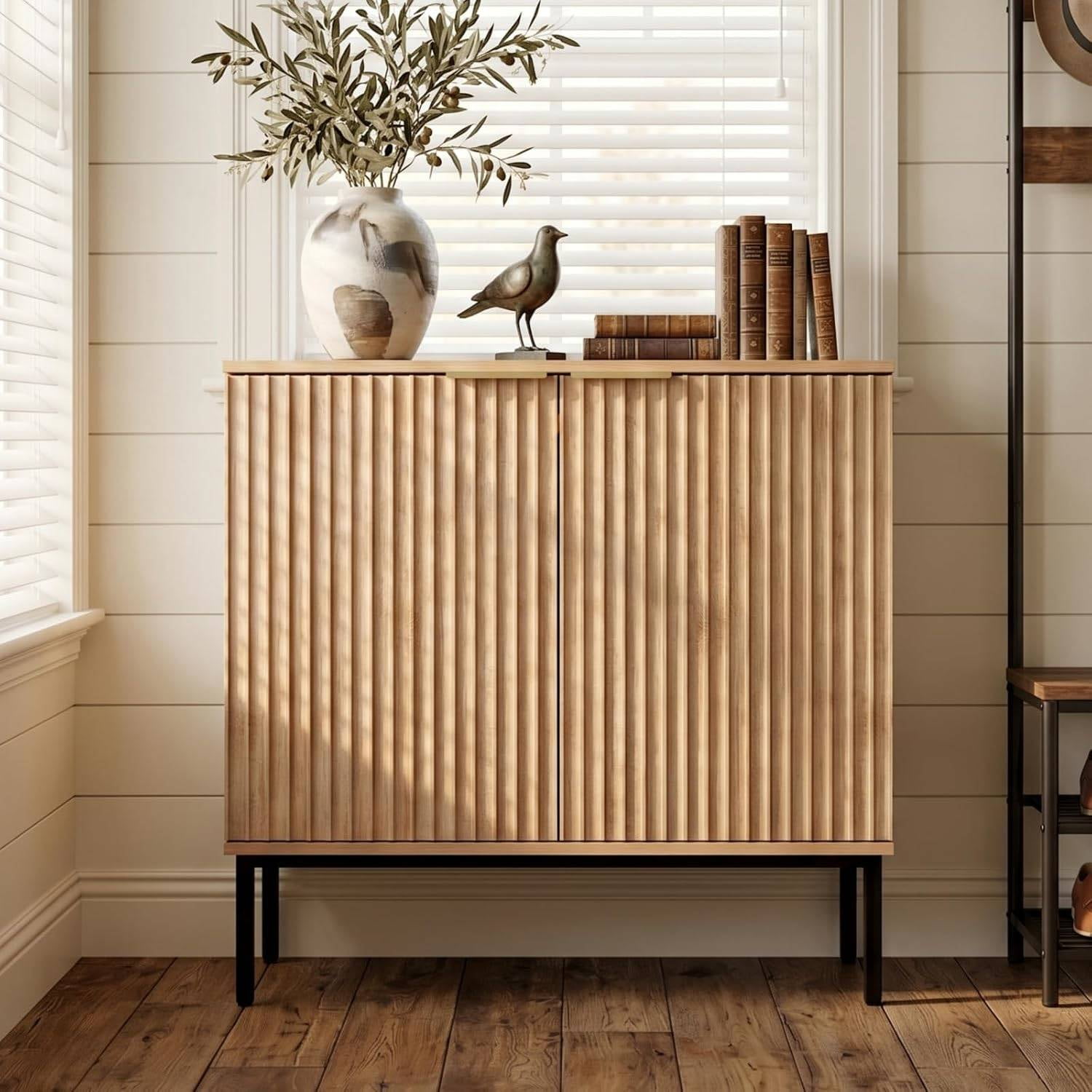 Fluted Buffet Cabinet with Storage Modern Wood Sideboard for Dining Room or Living Room Adjustable Shelves Coffee Bar Console Table Entryway Cabinet (Oak Finish)