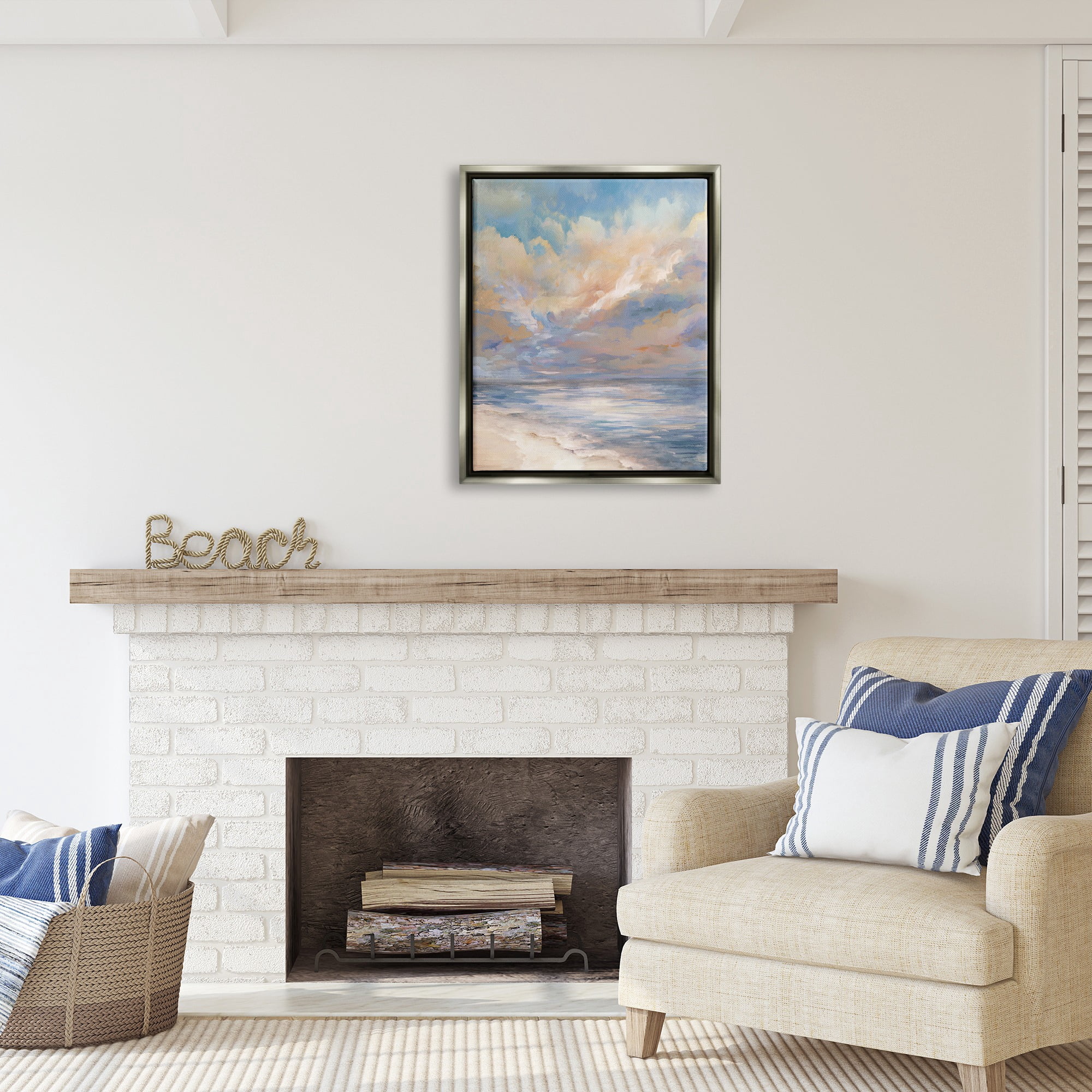 Stupell Industries Abstract Sunset Shoreline Landscape Painting Gray Floater Framed Canvas Art Print Wall Art, 25 x 31