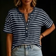 thumbnail image 6 of Aezemi Women Striped Button Shirts Pullover Loose Fit Short Sleeve Summer Daily Home Fashion Tees Baggy Outdoor Work Walking All Match Soft Casual Tops S, 6 of 7