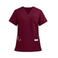 thumbnail image 2 of Ydkzymd Womens Petite Scrub Tops V-Neck Short Sleeve Nursing Uniforms Loose Fit Scrubs with Pockets Fitted Stretch Scrub Tops Deep Red S, 2 of 6