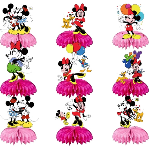 9Pcs Minnie Party Supplies Set Honeycomb Centerpieces Double Sided Table Topper for Birthday Decorations