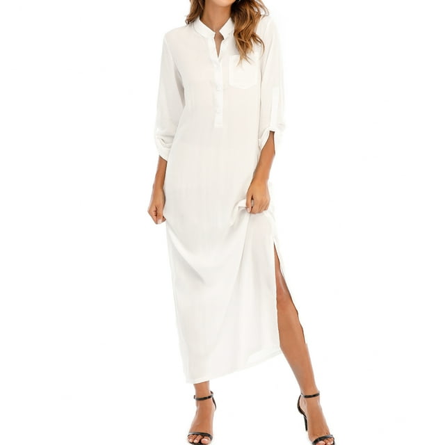 Vestido maxi largo retro para mujer, vestido camisero de manga larga para mujer Irfora Blanco XXL
