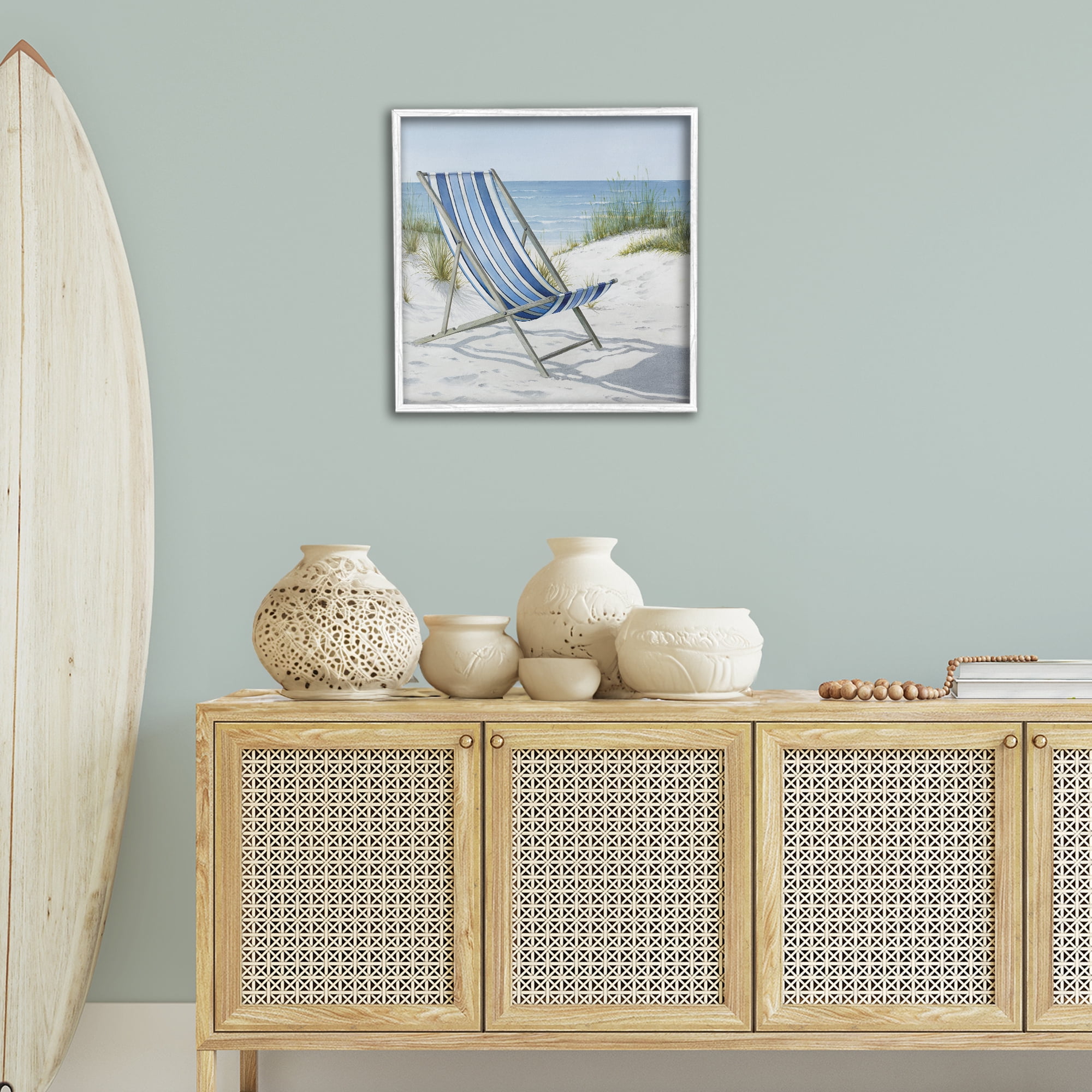Stupell Industries Tranquil Beach Chair Landscape Painting White Framed Art Print Wall Art, 24 x 24