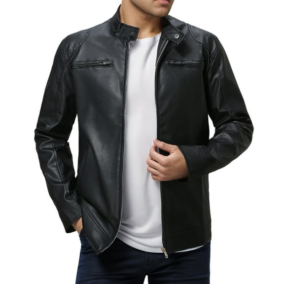 Men's Motorcycle Jacket Leather Coat Windproof Riding Outerwear Stylish Round Neck Design with Double Pockets