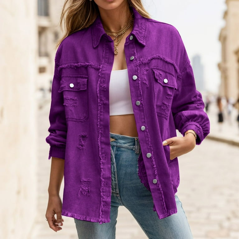Women s Trendy Ripped Jean Suit Jacket Oversized Denim Jacket Leather Jacket Women Casual Long Boyfriend Petite Jackets for Women Distressed Denim Jacket Denim Jackets Coat Stuff Jacket Walmart