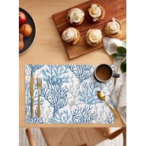 Ocean Coral Placemats Set of 6, Washable Woven Burlap Cloth Fabric Placemat for Square/Rectangle/Round/Oval Dining Table, Easy Clean Place Mats for Toddlers, Kids Coastal Summer Watercolor Blue White