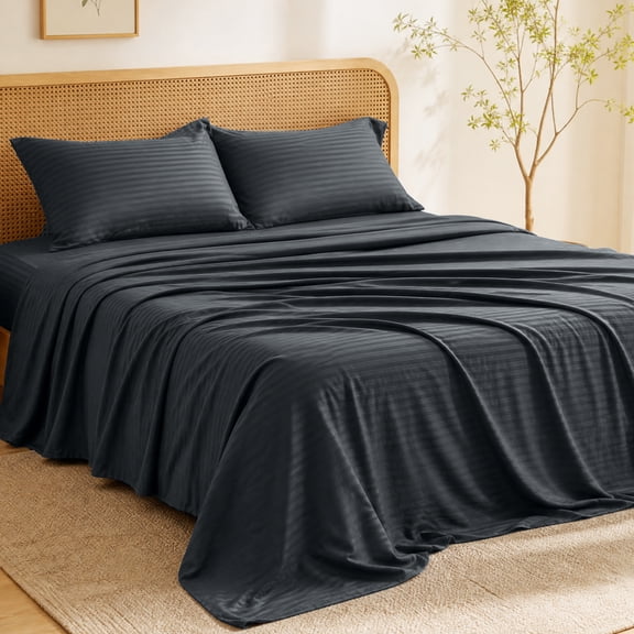 WISHEAD Queen Sheet Set, 4 Piece Ultra Soft Brushed Microfiber Bed Sheets, Cooling & Breathable, Secure Fitted Sheet, Wrinkle Resistant Hotel Bedding Set with Classic Stripe, Dark Gray