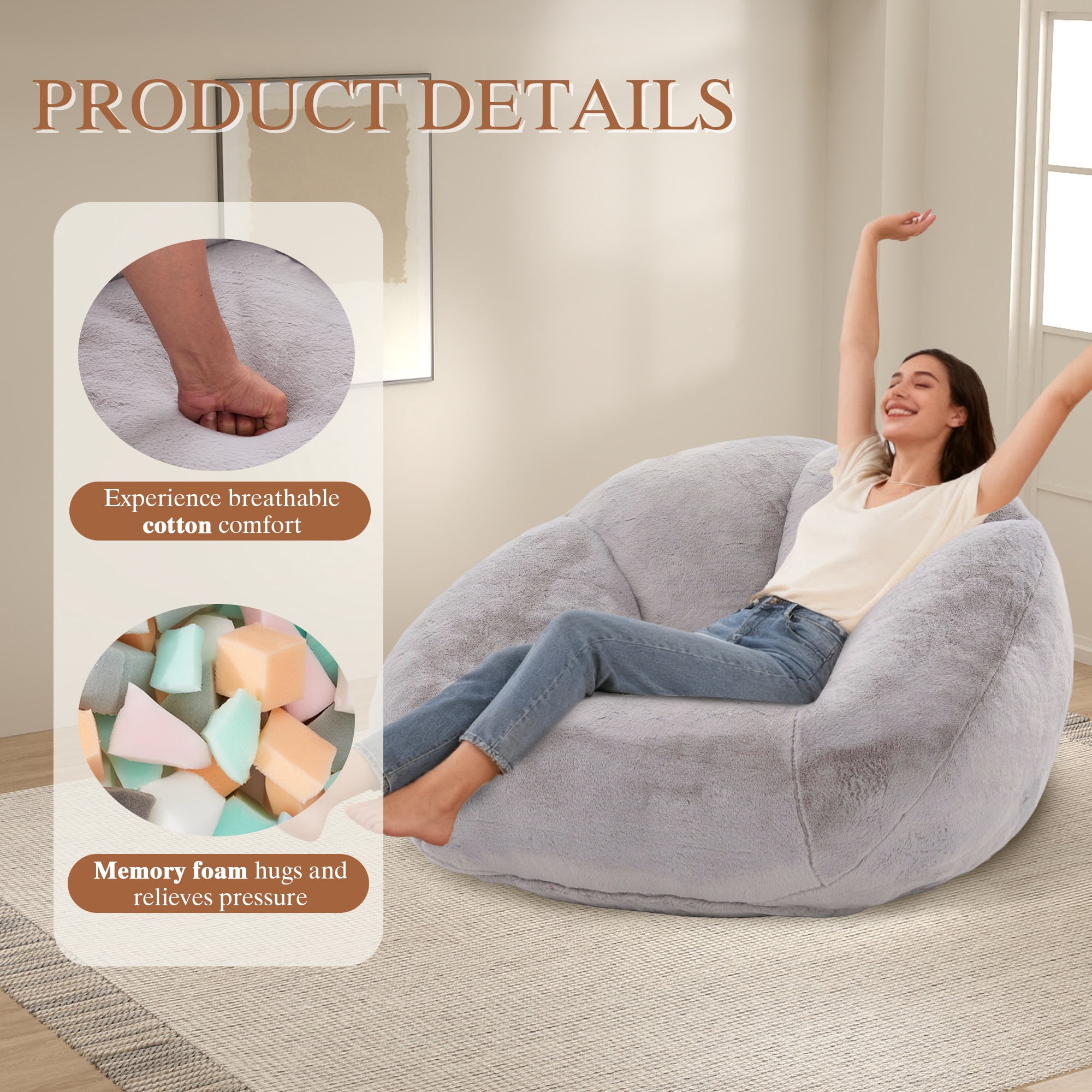 MOONMISS Oversized Bean Bag Chair for Adults,Memory Foam Lazy Sofa Chair with Soft Corduroy Cover,Comfy Floor Lounger for Living Room Bedroom Dorm