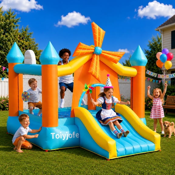 Toiyjofe Bounce House for Big Kids 5-10, Inflatable Bouncer with Slide for Outdoor Birthday Party, Windmill Design, Fits 4 Kids, Blower Included