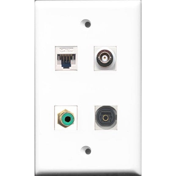 RiteAV - 1 Port RCA Green and 1 Port Toslink and 1 Port BNC and 1 Port Cat5e Ethernet White Wall Plate