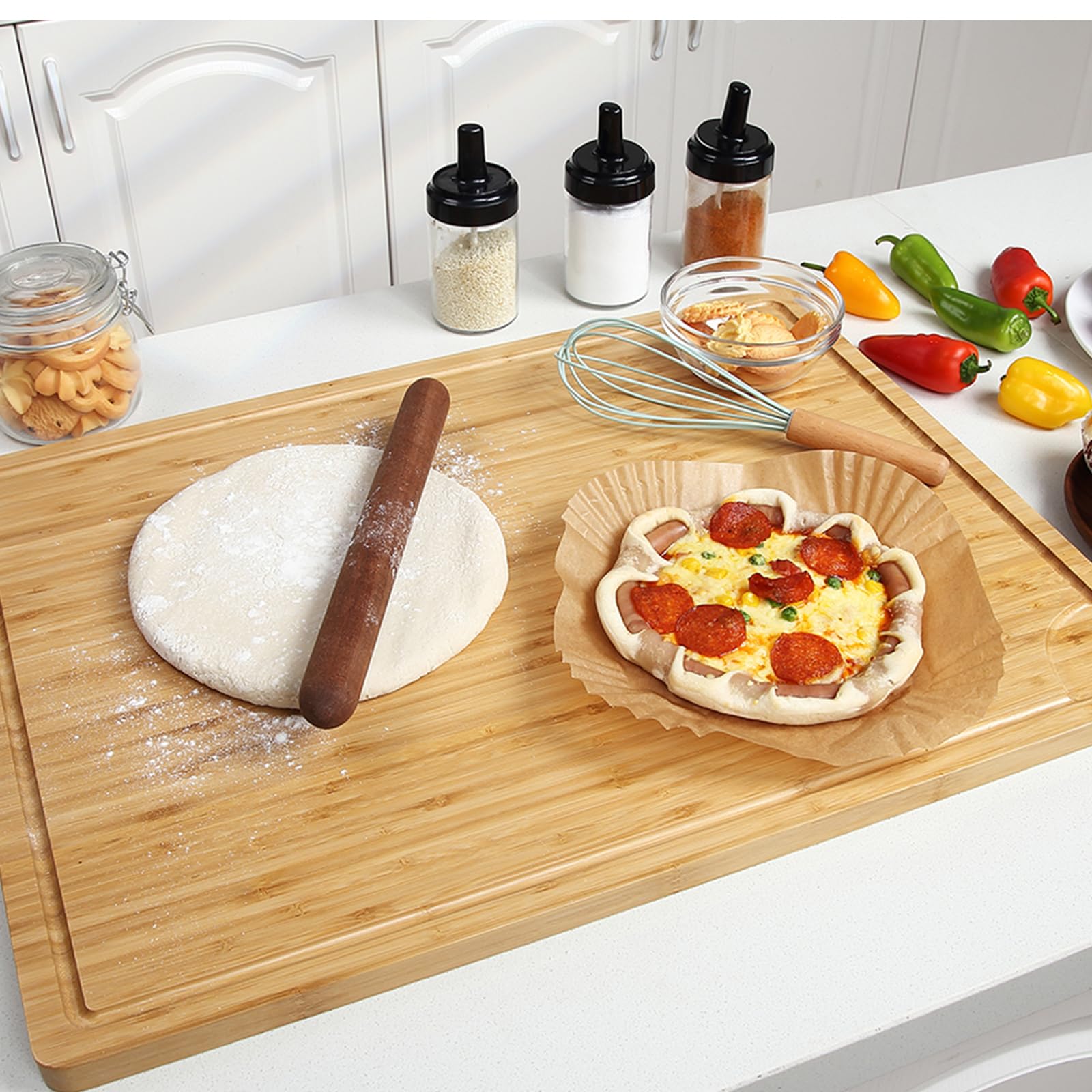 Extra Large 100% Organic Bamboo Cutting Board, 24x18 Inch Over the Sink Chopping Board/Carving Board with Handle andJui-ceGroove for Turkey, Meat, Vegetables, BBQ