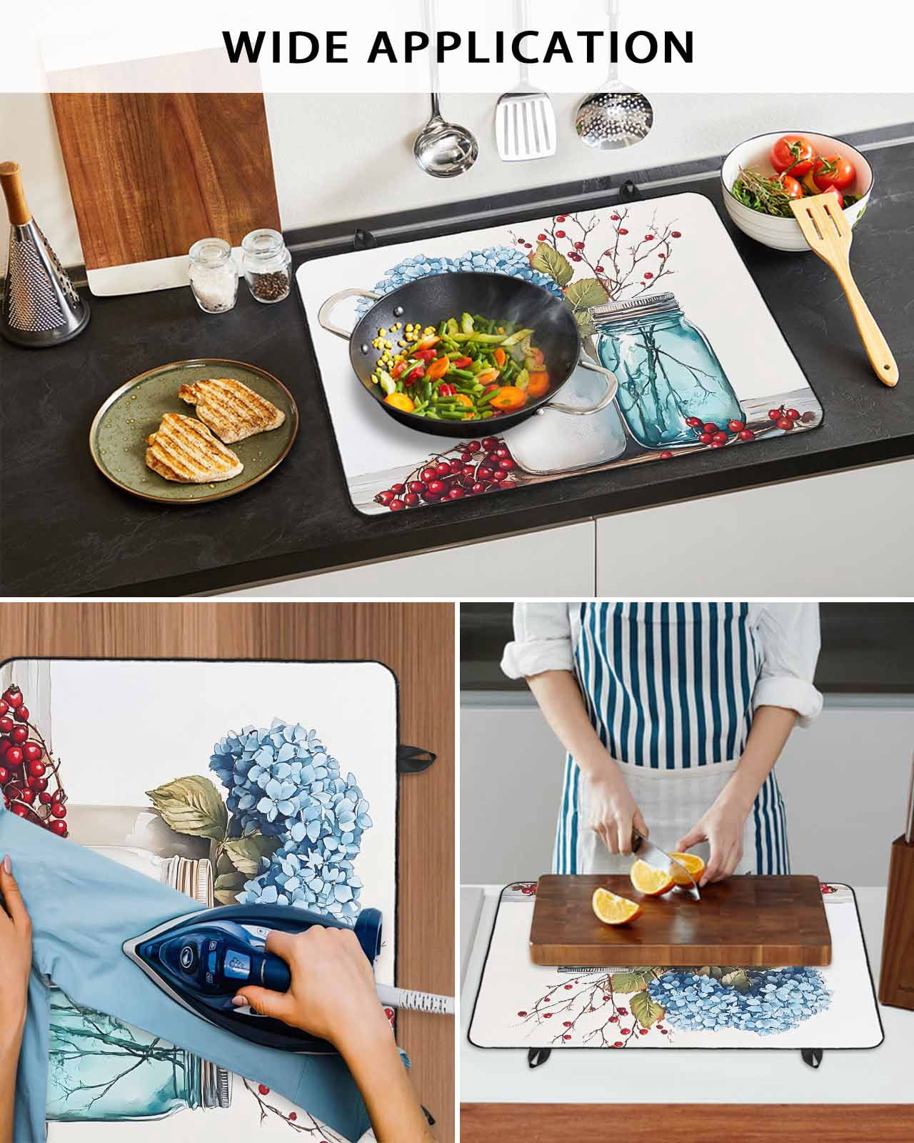 nqOlkjepod Large Induction Cooktop Protector Mat 31"x24", Spring Botanical Stove Top Covers for Electric Stove, Blue Floral Vase Watercolor Decorative Stove Burner Cover Mats, Glass Top Stove Cover