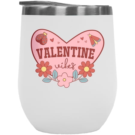 Retro Valentine Vibes with Flowers & Lady Bug Valentine s Day Gift White 12oz Wine Tumbler