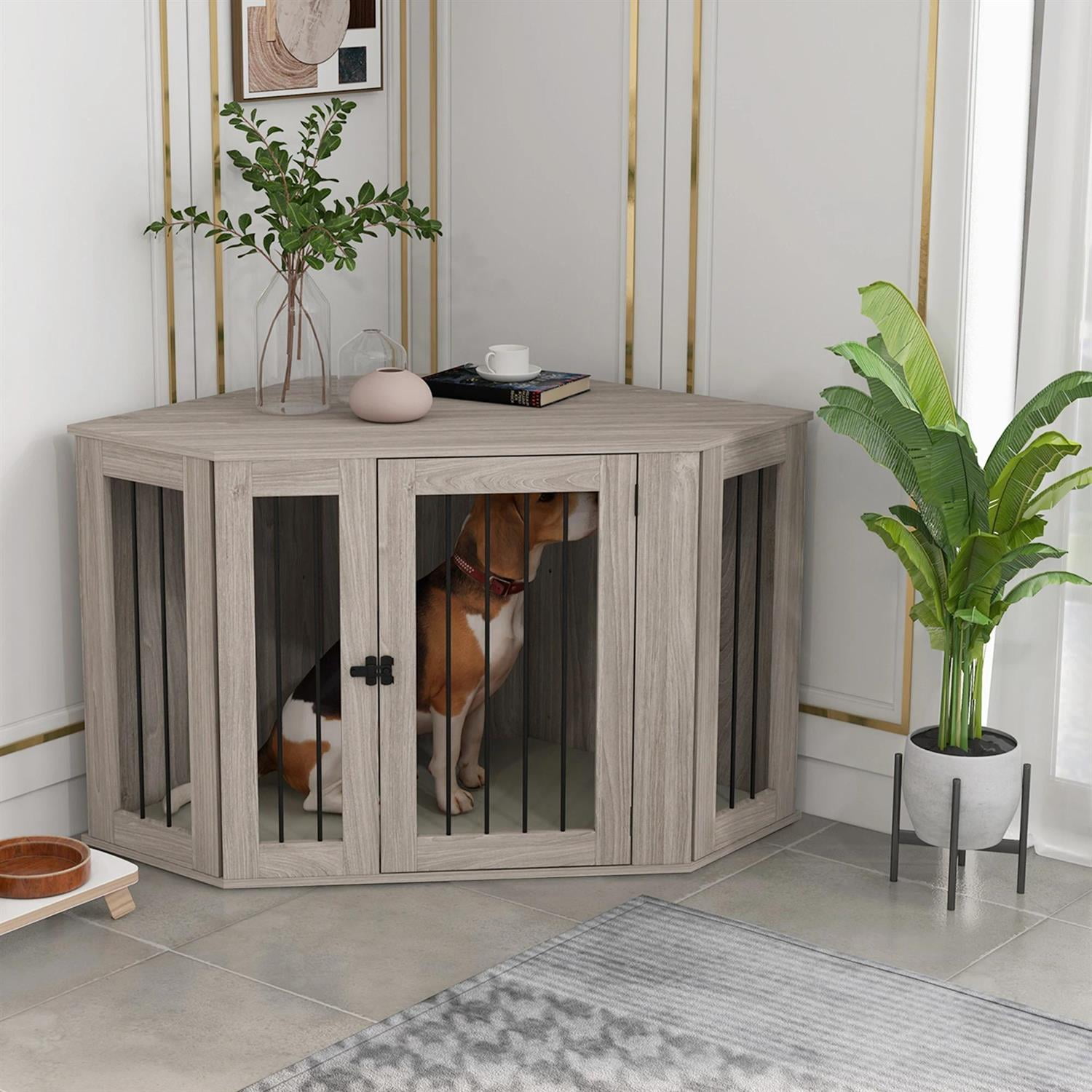Pefilos 45" Corner Dog Crate Furniture with Cushion, Wooden Kennel Table, Indoor Dog House for Large Dogs, Gray