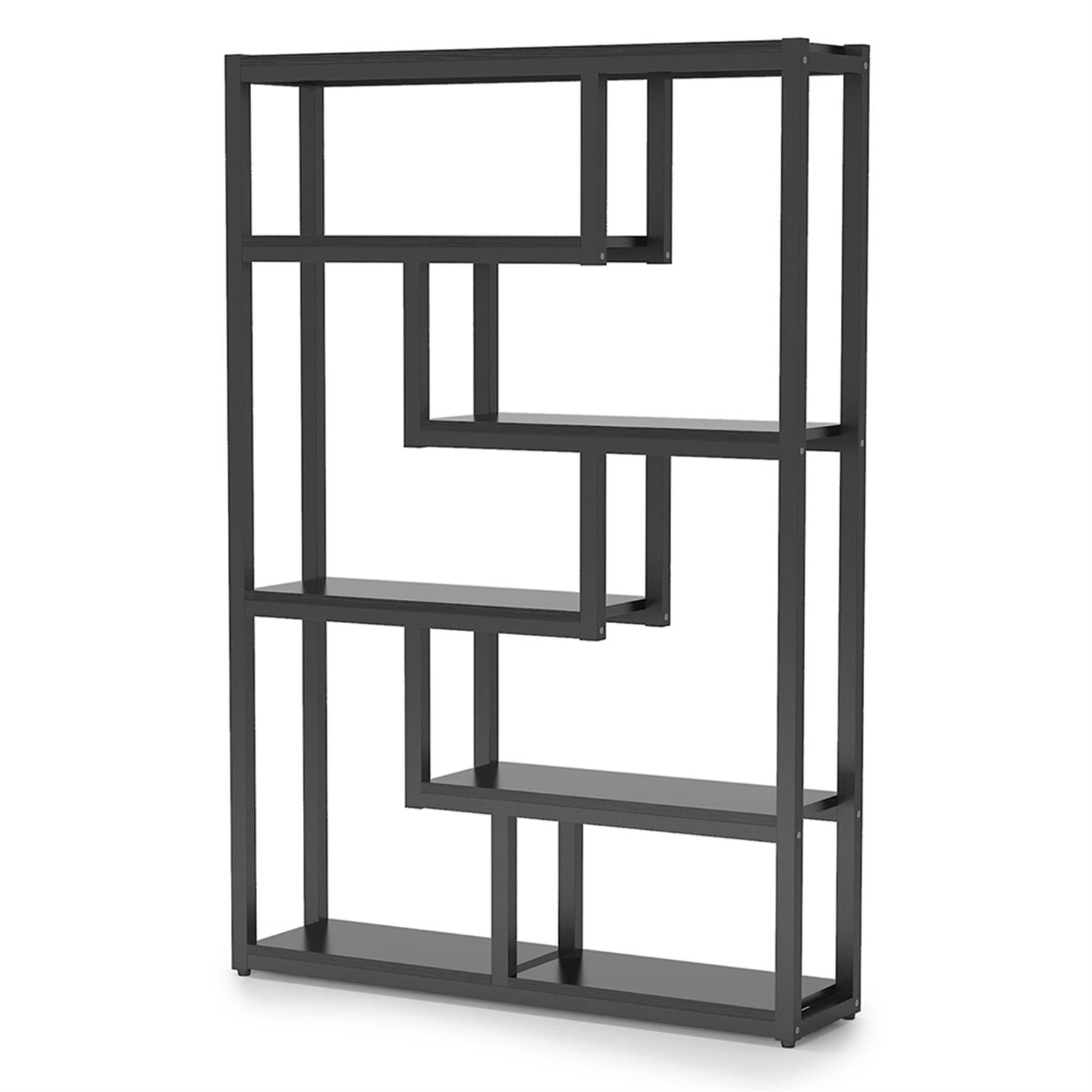 Demi Bonn 6 Tier Bookshelf, Wood and Metal Bookcase Storage Organizer, 69" Tall Display Standing Staggered Shelf Unit for Bedroom, Living Room, Black