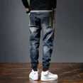 thumbnail image 4 of Pantalones vaqueros elásticos para hombre, pantalones vaqueros elásticos con empalmes, ajustados, abotonados, ajustados, estilo coreano, Harajuku, 4 of 5