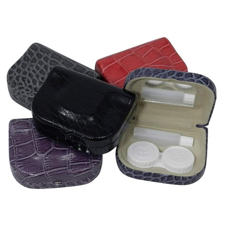 Faux Patent Leather Croco Contact Lens Travel Case Mirror Solution Bottle Beige