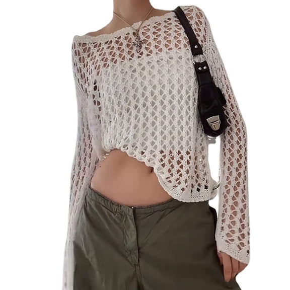 Women Knit Crochet Hollow Out Fishnet Top Long Sleeve See Through Mesh Shirt Sexy Club Streetwear