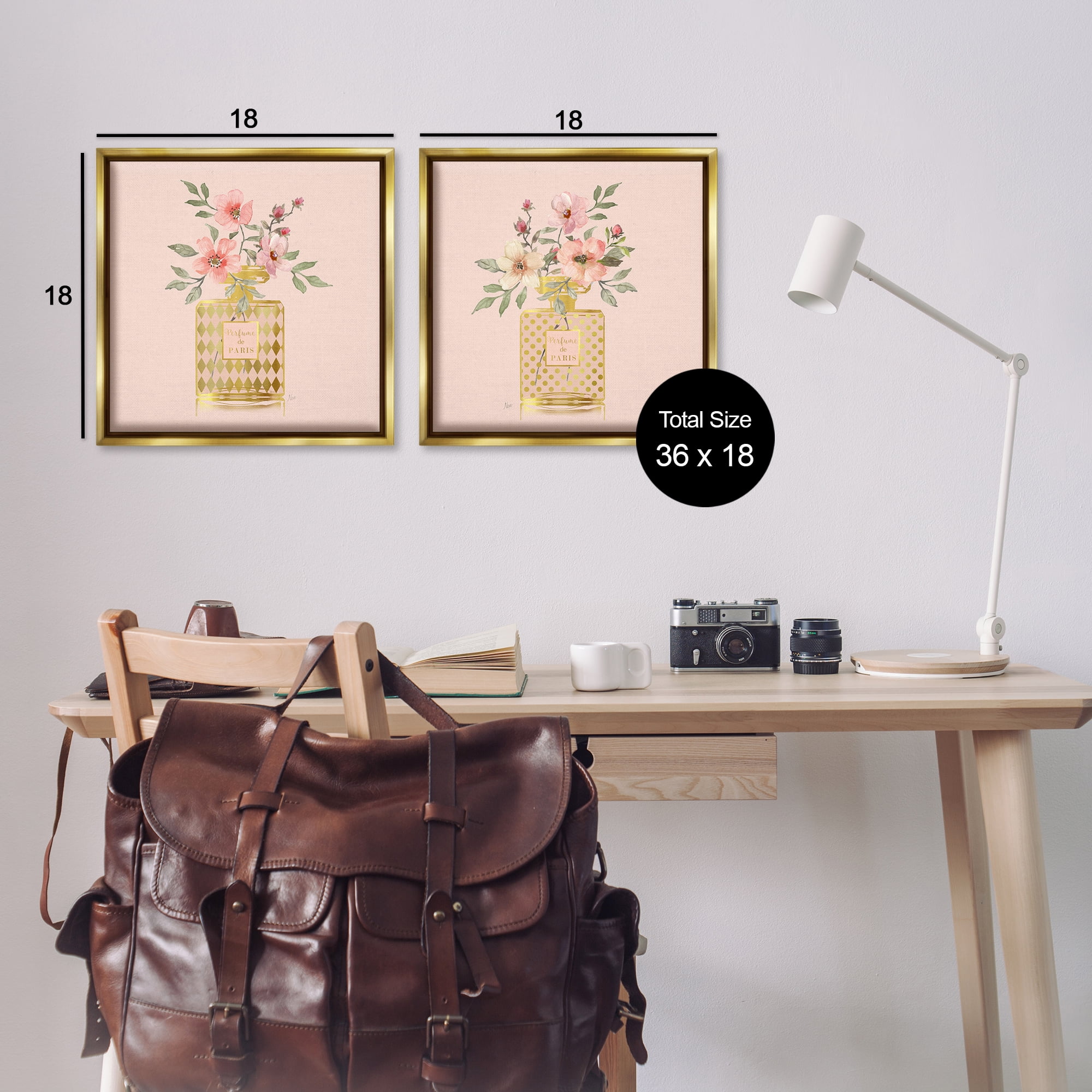 Stupell Industries Cotton Candy Pink Flower Perfume Plants & Flowers Painting Gold Floater Framed Canvas Art Print Wall Art, 18 x 18, Set of 2