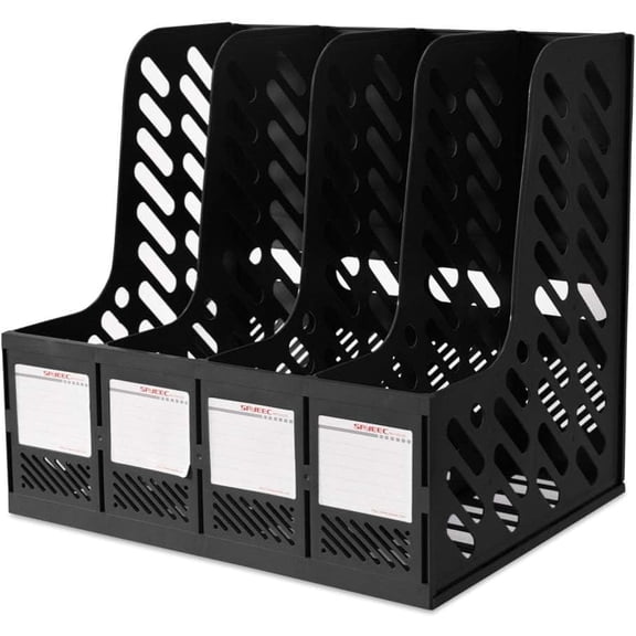 SAYEEC Plastic Vertical File Holder, 4-Compartment Desktop Magazine Organizer for Office & Home Storage, Black
