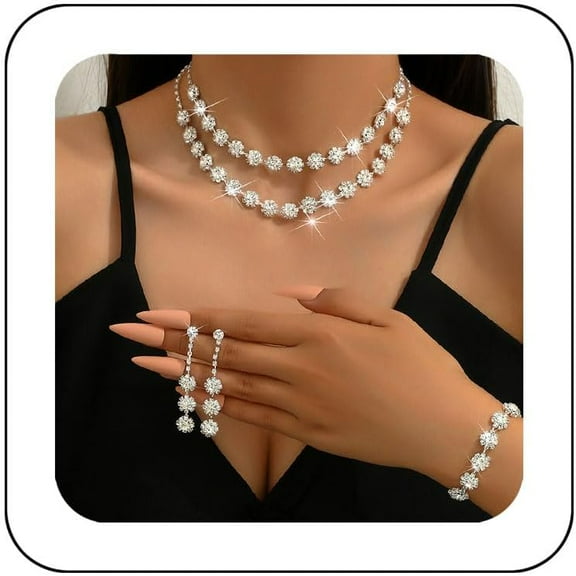 Rhinestone Bridal Wedding Jewelry Set Silver Necklace Earrings Bracelet Sets Formal Jewelry for Women and Brides