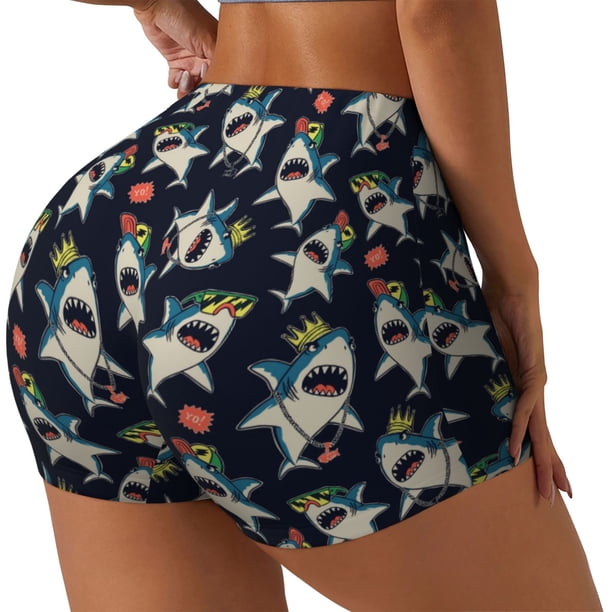 Fotbe Cartoon Sharks Shorts Sin Costuras – Shorts Deportivos de Cintura Alta para Mujer, Elásticos para Gimnasio, Yoga, Running o Ciclismo-XX-Large