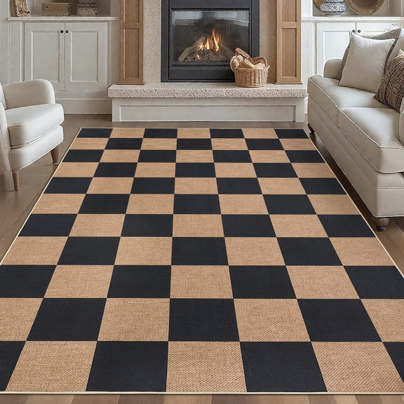 FairOnly 9'x12'Checkered Modern Geometric Machine Washable Area Rug for Living Room Bedroom Non Slip Ultra Thin Carpet for Kitchen Dining Room,Black Coffee