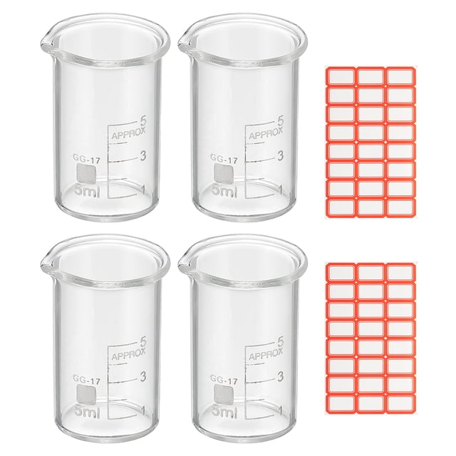 Vaso de vidrio de 5 ml, 4 unidades, vaso medidor graduado de borosilicato, tazas de laboratorio, seguras para el calor, transparentes con pico, etiqueta para líquidos.