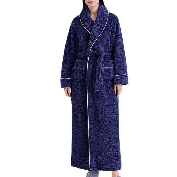 Homgro Women's Terry Cloth Robe Winter Cozy Long Sleeve V Neck Shawl Collar Plush Long Bathrobe House Full Length Warm Kimono Shower SPA Hotel Hot Tub Maxi Bath Robe with Pocket Navy X-Large