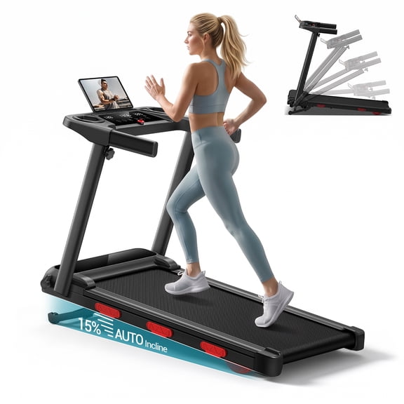 LEZEE 15% Folding Treadmill with Auto Incline, 3.0 HP, Under Desk Treadmill for Home & Office, 350lbs Capacity, LED Display