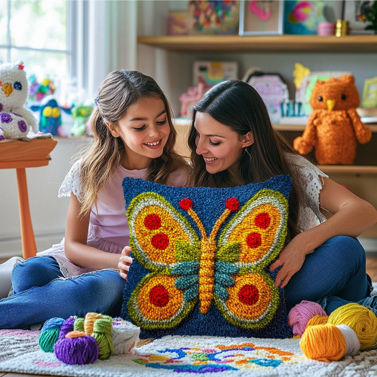 DIY Latch Hook Pillow Kits Yellow Butterfly with Red Wing Printed Pillowcase Crochet Yarns Hooking Handmade Pillow Cover Cushion for Home Sofa Decoration 17x17inch-3