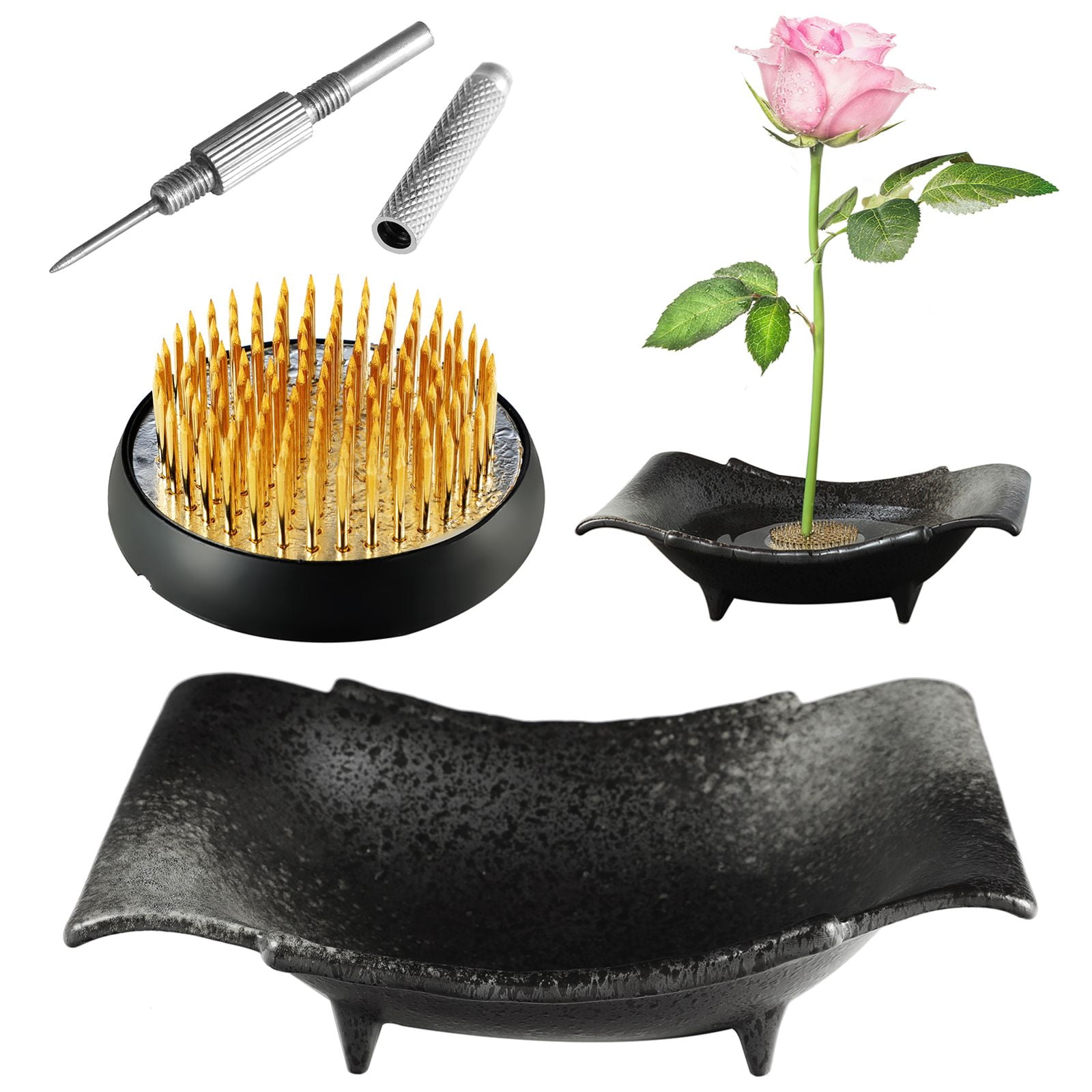Japanese Ikebana Kit, Flower Frog Holder with Pin Straightening Tool
