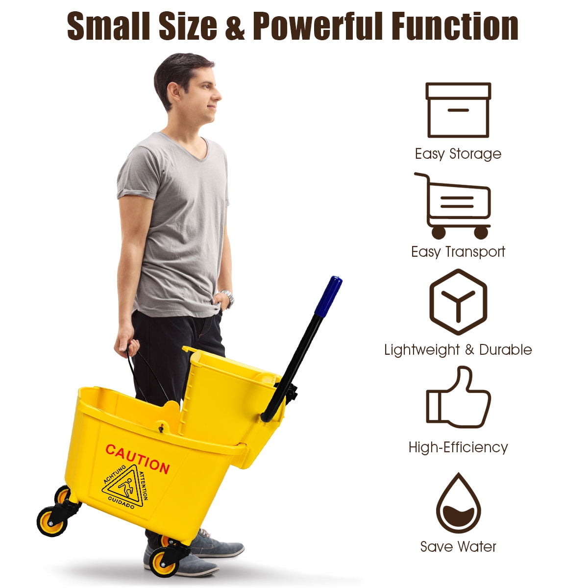 Costway Commercial Mop Bucket Side Press Wringer on Wheels Cleaning 26 Quart Yellow
