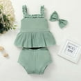 thumbnail image 5 of Scyoekwg Baby Girl Cute Infants Toddler Baby Girls Clothes Solid Color Summer Sleeveless Suspender Top Shorts Bow Headband Three-piece Set (Green,18-24 Months), 5 of 7
