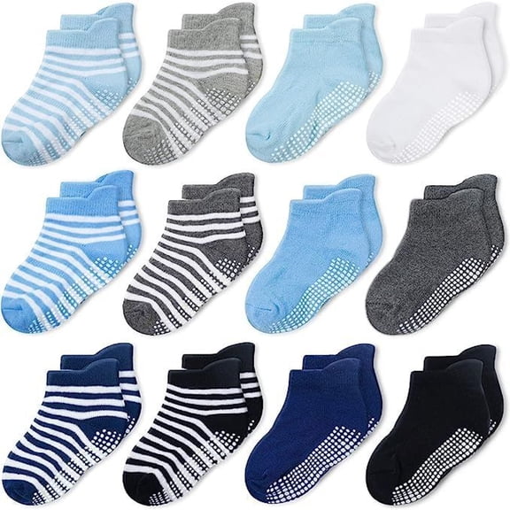 CozyWay Toddler Boy Socks - Toddler Socks with Grippers & Easy On/Off Heel Tab - Reinforced Toe Non-Slip Cotton - 1T-3T, Blue/White, 12-Pack