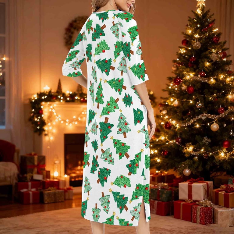 Miqool Christmas Pajamas for Women Casual Zipper Robe 3/4 Sleeves Loungewear Dress Full Length Housecoat Nightgown Long Bathrobe, Women's, Size: XL,