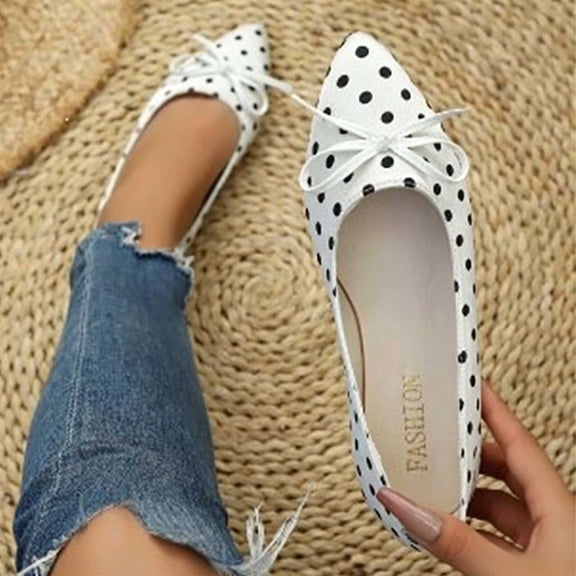 Puyaiuu Womens Vintage Pointed Toe Polka Dot Bow Flat Slip On Loafer Shoes Daily Fashion Footwear White 39 Gift