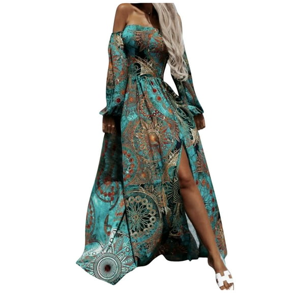 Fesfesfes Women Spring Long Sleeves Dre Boho Printing Tube Tops Dress Casual Off Shoulder Holiday Dress Beach Long Dress