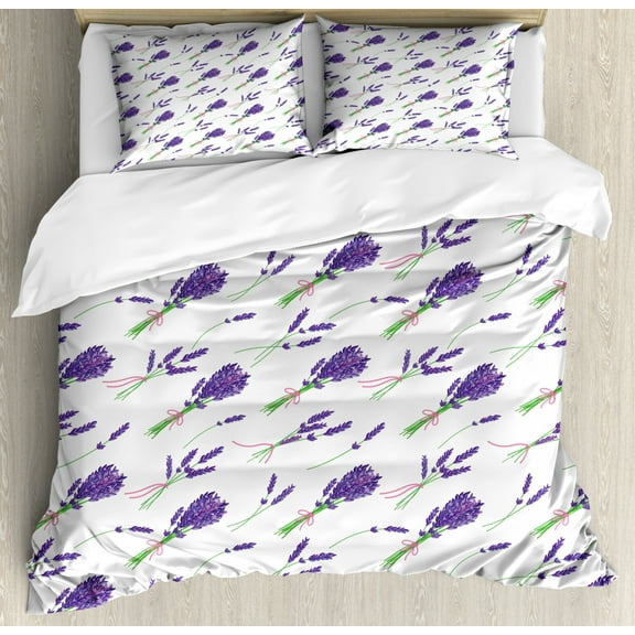 Floral Duvet Cover Set, Image of Repeated Lavender Bouquets from Summer on Plain Backdrop, Decorative 3 Piece Bedding Set with 2 Pillow Shams, King Size, Violet Fern Green, by Ambesonne