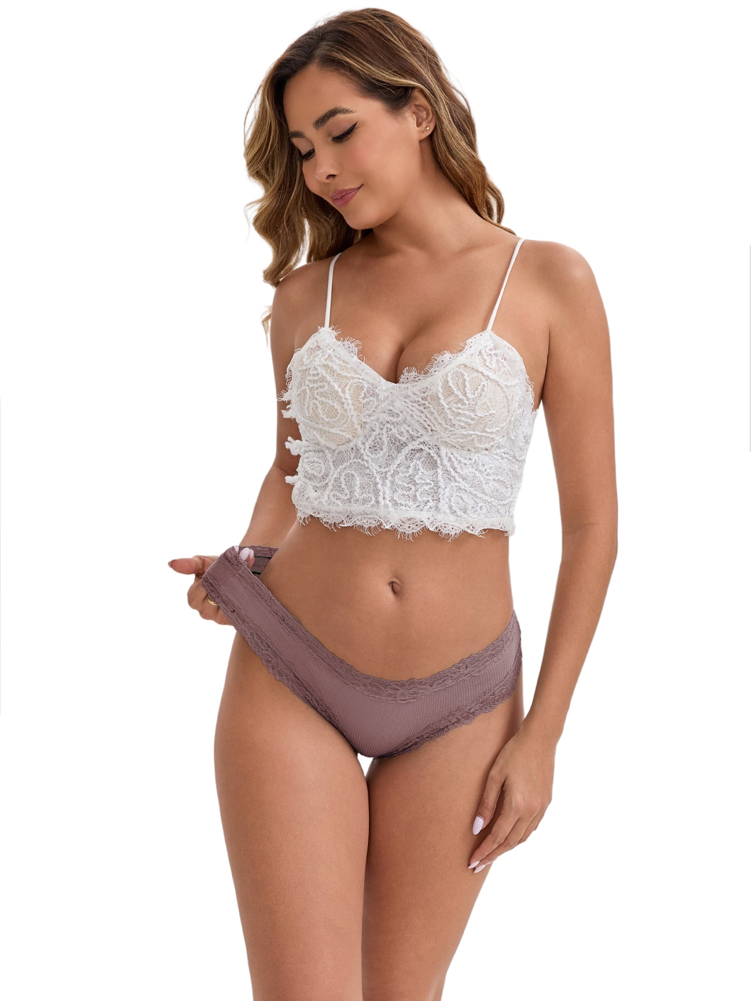 DARING DIVA Women's Lace Trim Cotton Ribbed Hipster Mid Waisted Panty M Khaki