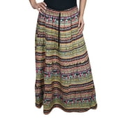 Mogul Womens Colorful Printed Maxi Skirt A-Line Bohemian Fashion Ethnic Long Skirts