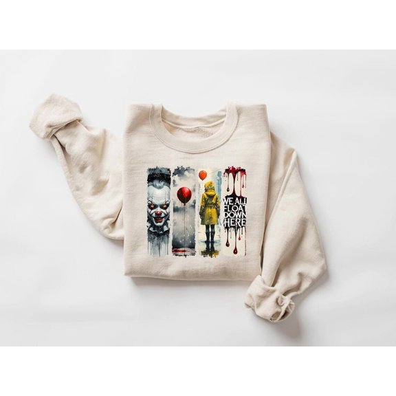 Horror Clown Sweatshirt: "We All Float Here" Halloween Sweater, Halloween Movie Sweatshirt